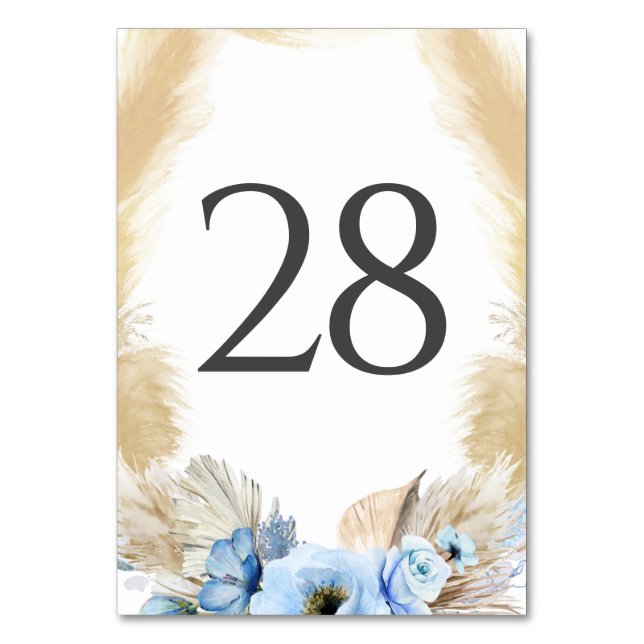 Pampas Grass Dusty Blue Wedding Tischnummer Cards (Vorderseite)