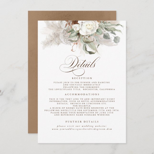 Pampas Grass Earth Shades Floral Wedding Details Begleitkarte (Vorne/Hinten)