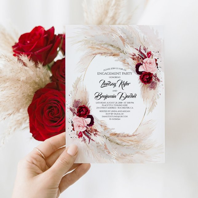 Pampas Grass Engagement Party in Burgund Einladung (Red and Pink Floral Botanical Engagement Party Invitation)