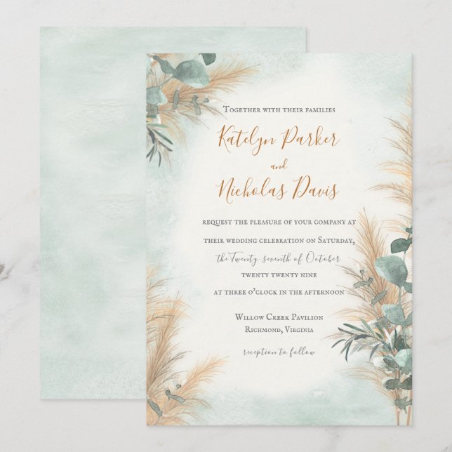Pampas Grass Eucalyptus Greenery Boho Wedding Einladung (Vorne/Hinten)