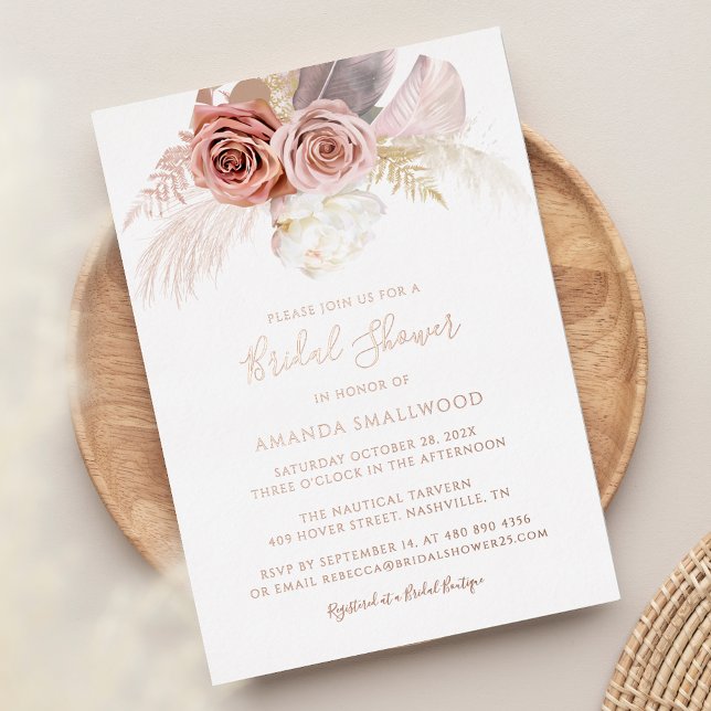 Pampas Grass Fall Brautparty Rose Gold Folieneinladung (Pampas Grass Terracotta Script Rose Gold Foil Bridal Shower Invitation)