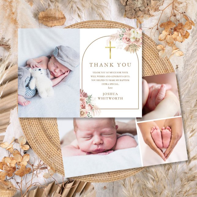 Pampas Grass Floral Foto Collage Taufe Dankeskarte (Pampas Grass Floral Photo Collage Baptism Thank You Card)