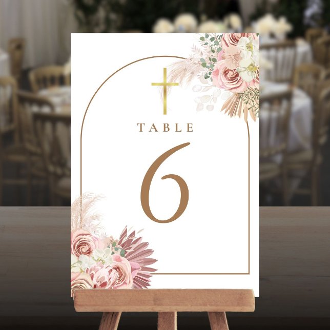 Pampas Grass Floral Gold Cross Tischnummern (Pampas Grass Floral Gold Cross Table Numbers)
