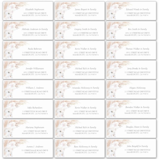 Pampas Grass Floral Guest Names Adressenmarken Aufkleber (Vorderseite)