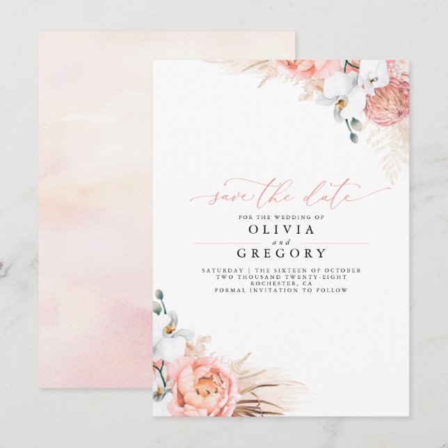 Pampas Grass Floral Pink Save the Date Ankündigung (Vorne/Hinten)