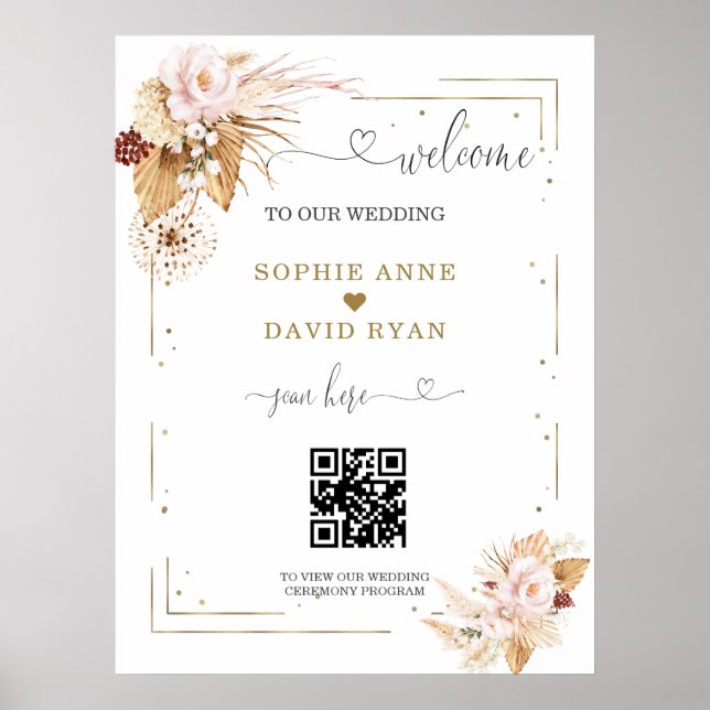 Pampas Grass Floral QR Code Hochzeitsschrift Begrü Poster (Vorne)