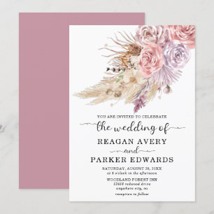 Pampas Grass Floral Rose und Lila Hochzeit Einladung