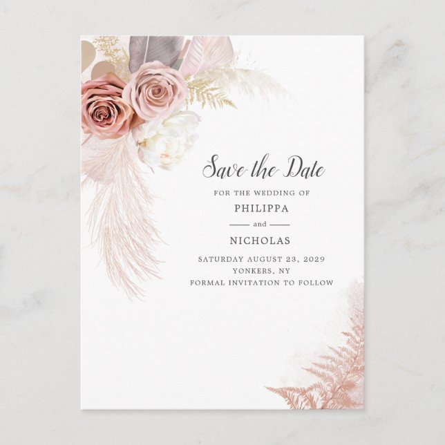 Pampas Grass Floral Script Save the Date Ankündigungspostkarte (Vorderseite)