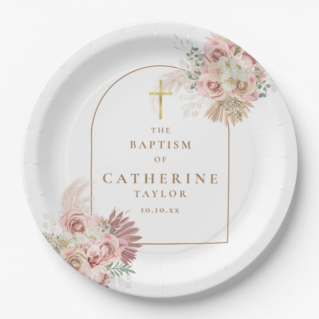 Pampas Grass Floral Taufe Christening Pappteller (Vorderseite)