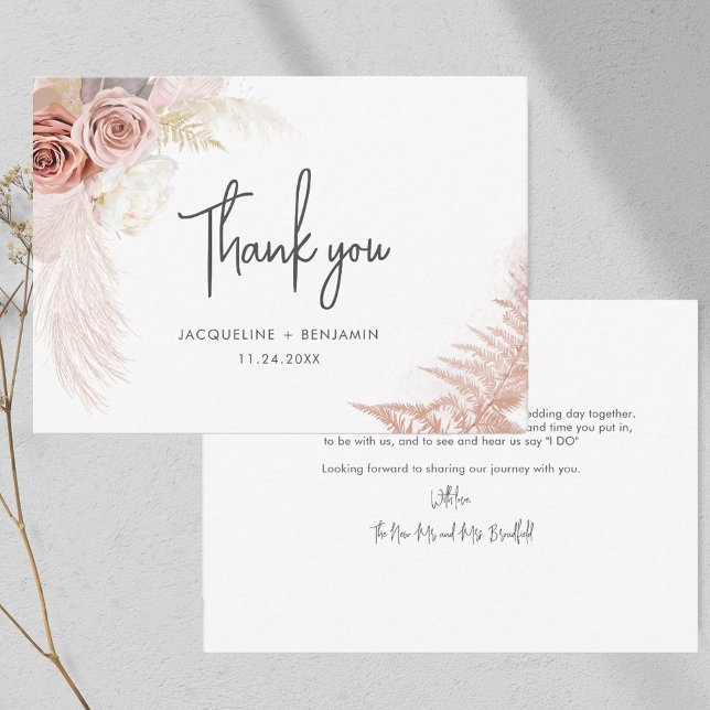 Pampas Grass Floral Wedding Danke Karte (Pampas Grass Script Typography Wedding Thank You Note Card)