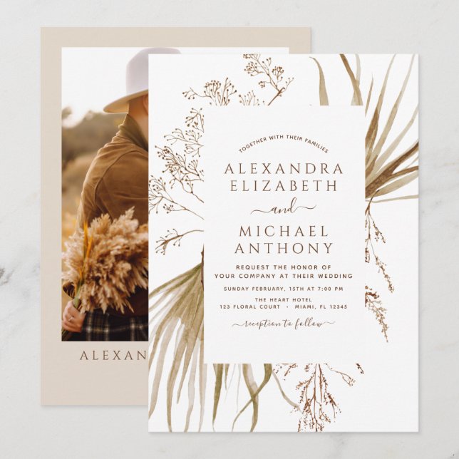 Pampas Grass Foto Bohemisch Boho Wedding Einladung (Vorne/Hinten)