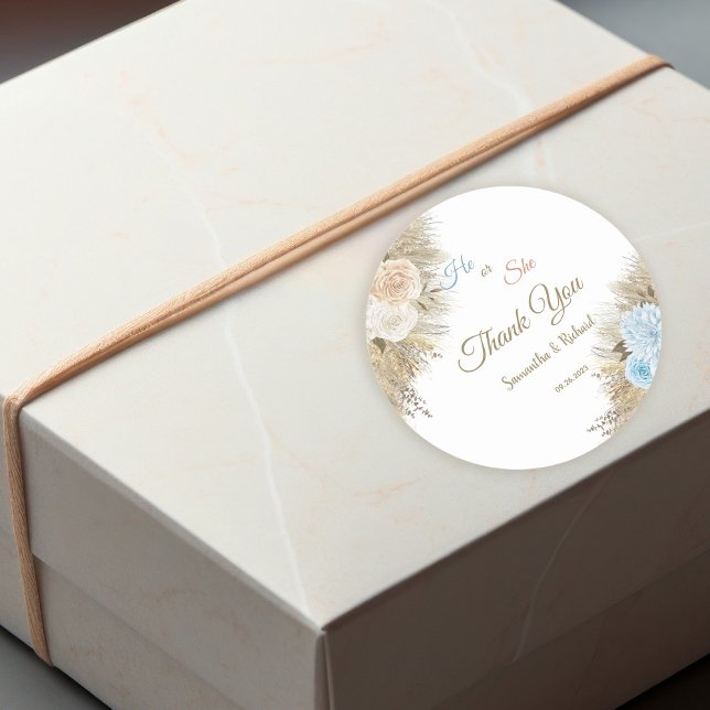 Pampas Grass Gender Reveal Er oder sie danke Ihnen Runder Aufkleber (Von Creator hochgeladen)
