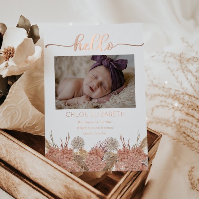 Pampas Grass Girl 4 Foto Birth Announcement Foil Folieneinladung (Elegant Boho Pampas Grass "Hello" Girl 4 Photo Birth Announcement in Rose Gold Foil -- Front Design)