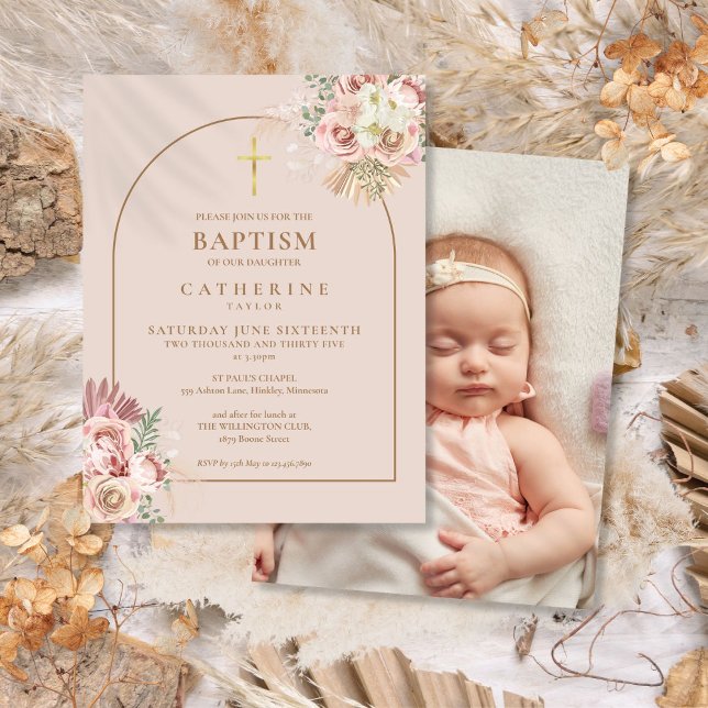 Pampas Grass Gold Arch Foto Taufe Weihnachten Einladungspostkarte (Pampas Grass Gold Arch Photo Baptism Christening Invitation Postcard)