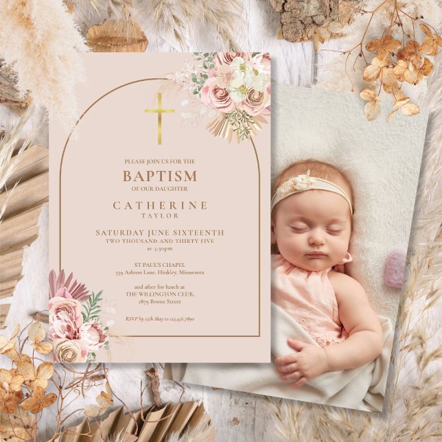 Pampas Grass Gold Foto Taufe Christening Einladung (Pampas Grass Gold Photo Baptism Christening Invitation)