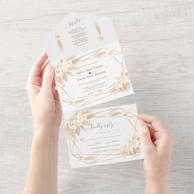 Pampas Grass Gold Monogram All in one Wedding A Einladung (Abreißen)