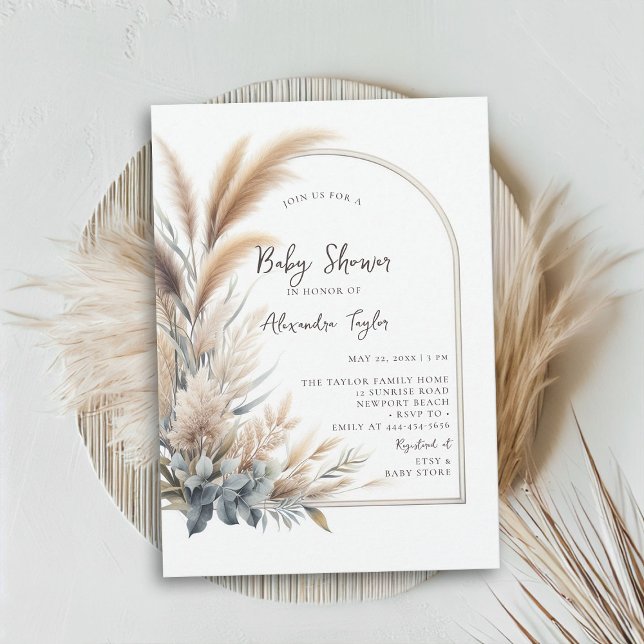Pampas Grass Greenery Arch Neutral Baby Dusche Einladung (pampas grass baby shower invitation gender neutral watercolor greenery botanical foliage simple boho)