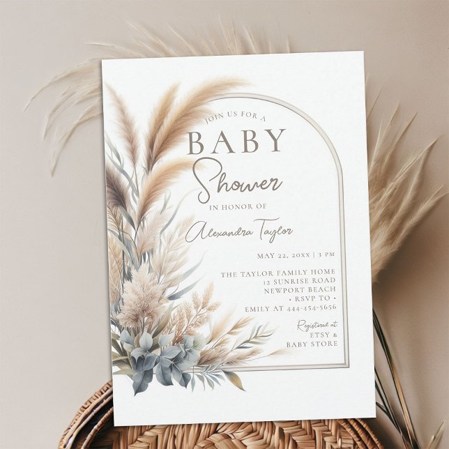 Pampas Grass Greenery Boho Neutral Baby Shower Einladung (pampas grass baby shower invitation gender neutral watercolor greenery botanical foliage boho chic)