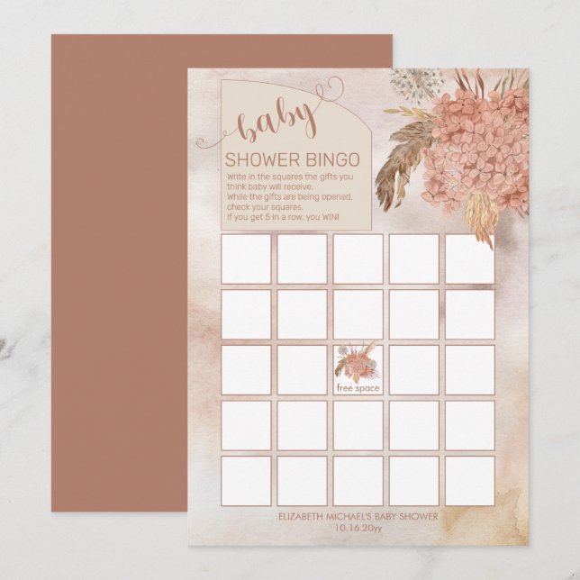 Pampas Grass | Hydrangeas Babydusche Bingo Card Einladung (Vorne/Hinten)