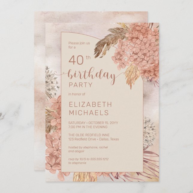 Pampas Grass Hydrangeas Blooms 40. Geburtstag Part Einladung (Vorne/Hinten)