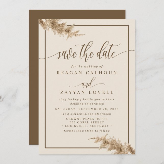 Pampas Grass Moderne Kalligrafie Save the Date (Vorne/Hinten)