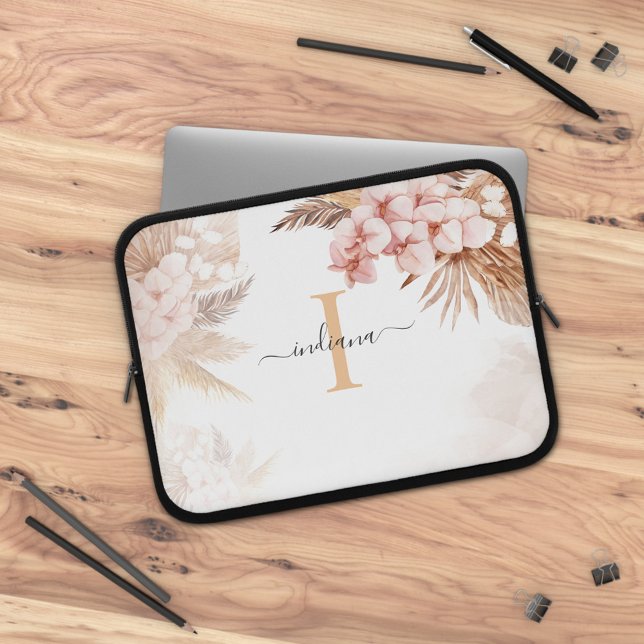 Pampas Grass Monogram Initial Name Script Laptopschutzhülle (Monogram Pampas Grass Script Initial Watercolor Laptop Sleeve)