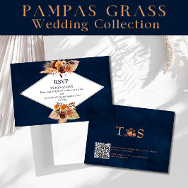 Pampas Grass Navy Blauer Herbst QR Code RSVP Mitteilungskarte
