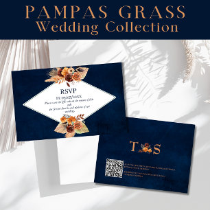 Pampas Grass Navy Blauer Herbst QR Code RSVP Mitteilungskarte