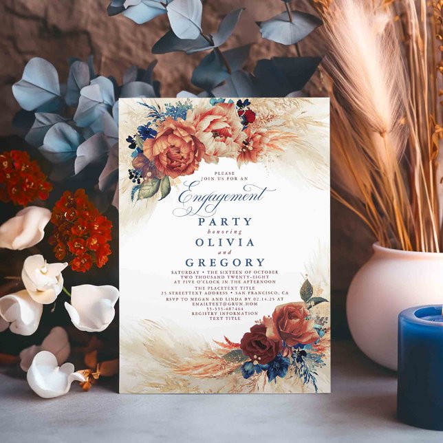 Pampas Grass Navy Blue Terracotta Engagement Party Einladung (Navy Blue and Terracotta Fall Engagement Party Invitations)
