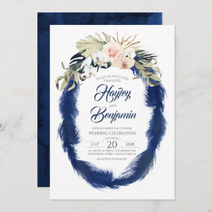 Pampas Grass Navy Tropische Hochzeit in Blau und R Einladung