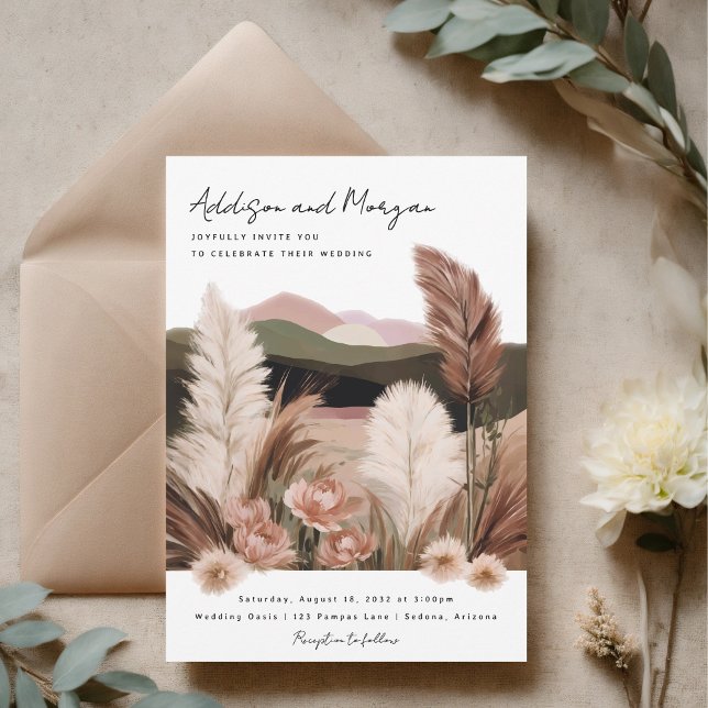 Pampas Grass Neutrale Wüste Landschaft Boho Weddin Einladung (Boho wedding invitation terracotta pampas grass desert landscape watercolor hand painted invite)