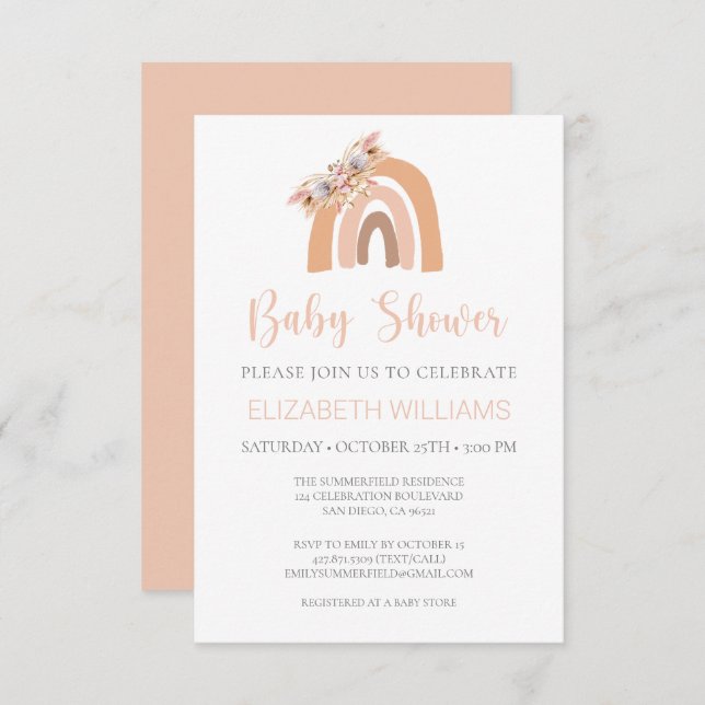 Pampas Grass Pastel Pink Rainbow Baby Shower Invit Einladung (Vorne/Hinten)