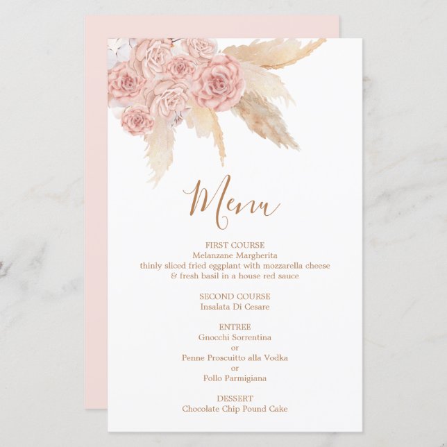 Pampas Grass pink Boho Chic Menü Card (Vorne/Hinten)