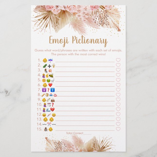 Pampas Grass Pink Floral Emoji Pictionary Game (Vorderseite)