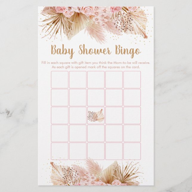 Pampas Grass Pink Gold Baby Dusche Bingo Spiel (Vorderseite)