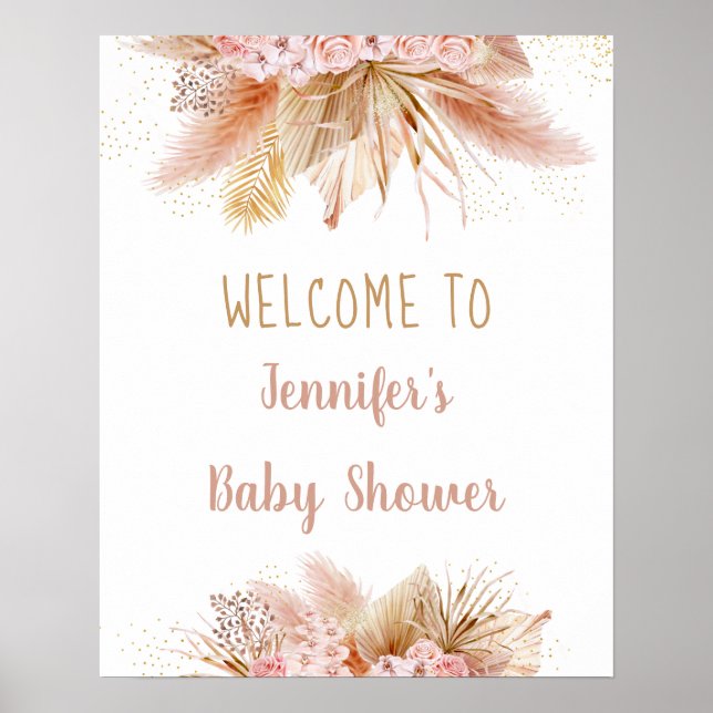 Pampas Grass Pink Gold Floral Baby Dusche Poster (Vorne)