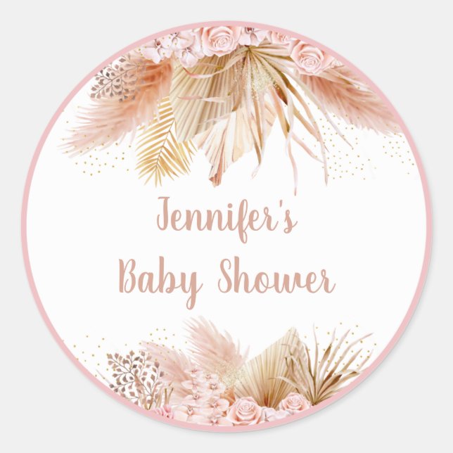 Pampas Grass Pink Gold Floral Baby Dusche Runder Aufkleber (Vorderseite)