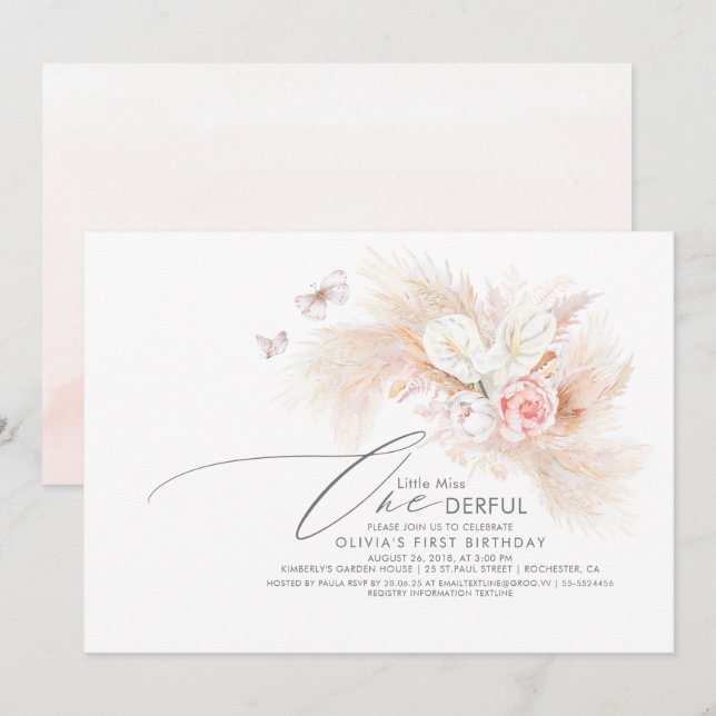 Pampas Grass Pink Little Miss Onederday Einladung (Vorne/Hinten)