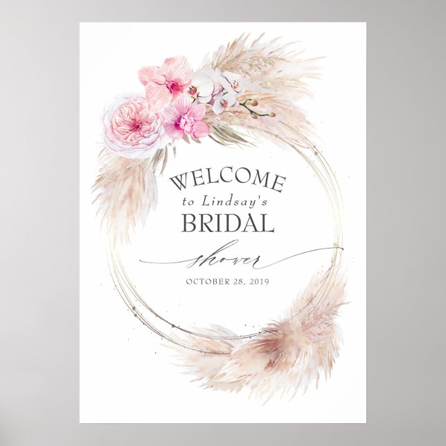 Pampas Grass Pink Orchids Brautparty Willkommen Poster (Vorne)