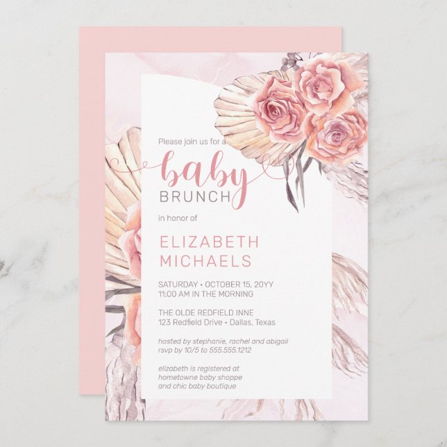 Pampas Grass |Pink Rose Blooms Girl Baby Brunch Einladung (Vorne/Hinten)