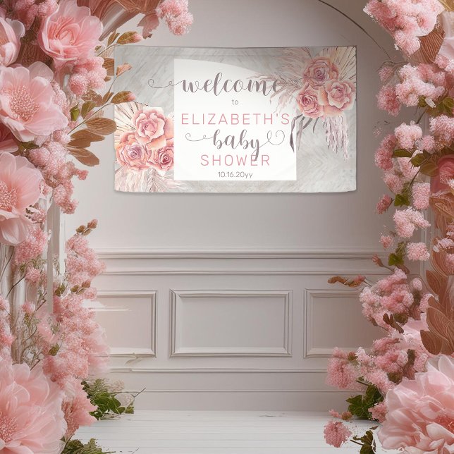 Pampas Grass |Rose Blooms Girl Baby Dusche Willkom Banner (Boho Pampas Grass and Rose Blooms Pink | Gray Girl Baby Shower Welcome Banner)