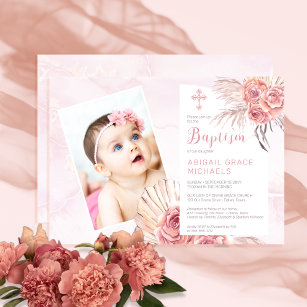 Pampas Grass   Rose Blooms Girl Baby Foto Taufe Einladung