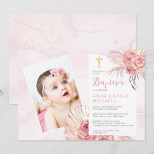 Pampas Grass   Rose Blooms Girl Baby Foto Taufe Einladung