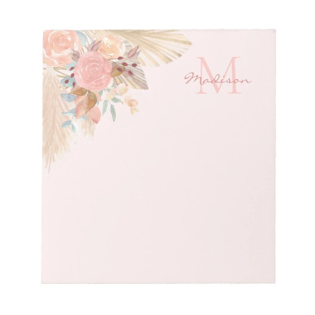 Pampas Grass Rose Gold Florals Name Monogram Notizblock (Vorderseite)