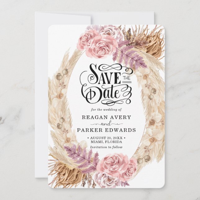 Pampas Grass Rose Lila Hochzeit Save The Date (Vorderseite)