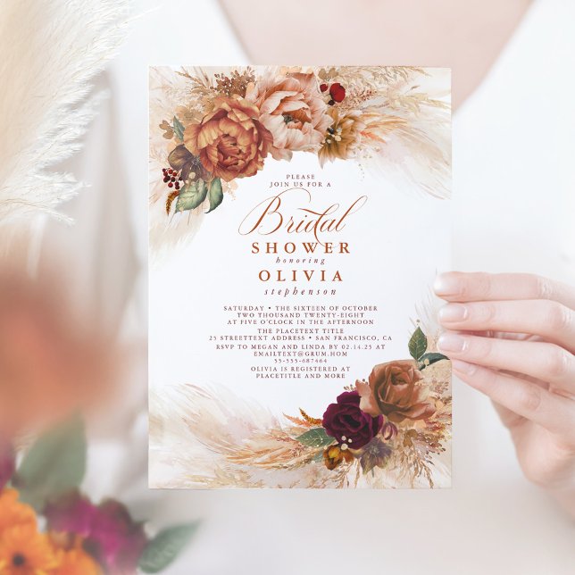 Pampas Grass Rust Terracotta Brautparty Einladung (Terracotta Floral Bridal Shower Invitation)