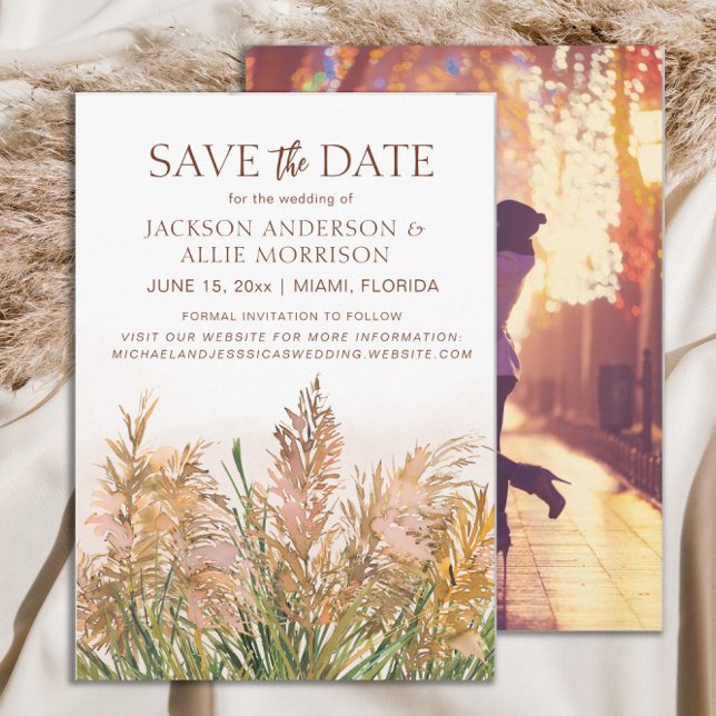 Pampas Grass Rustikale Bohemische Hochzeit Save The Date (Rustic pampas grass wedding Save the Date photo card)