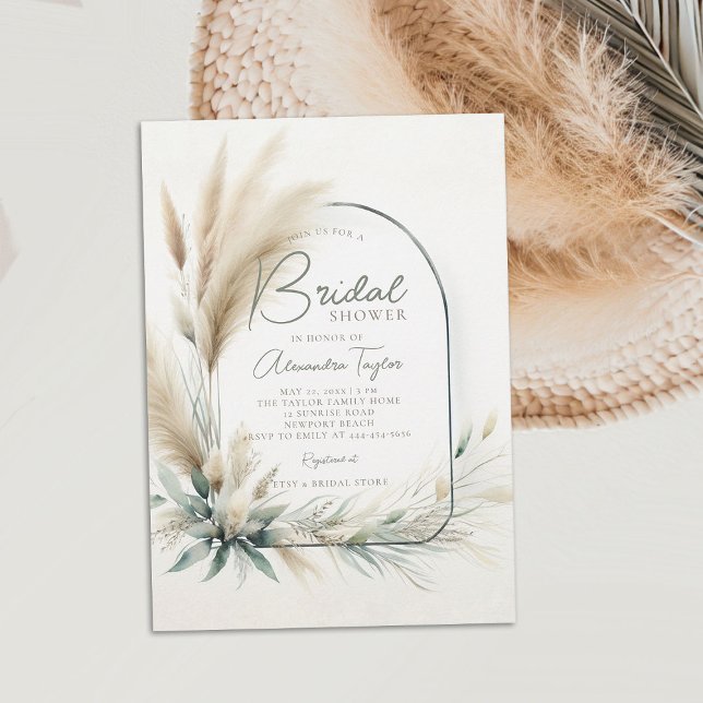 Pampas Grass Sage Green Boho Arch Brautparty Einladung (pampas grass bridal shower invitation boho arch dried flowers sage green white minimalist bohemian)