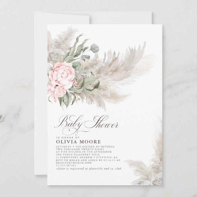 Pampas Grass Sage Greenery Floral Boho Baby Shower Einladung (Vorderseite)