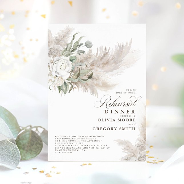 Pampas Grass Sage Grüne Probe Abendessen Einladung (Pampas Grass and Eucalyptus Invitations)